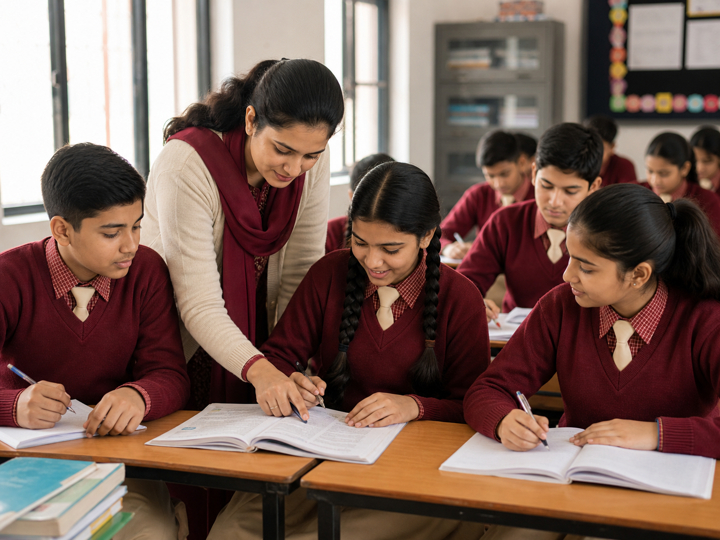 Teacher guiding students in classroom